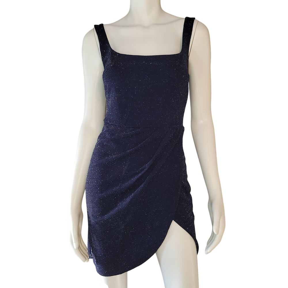 dee elly Navy Bodycon Mini Dress Side-Ruched Glitter Square Neck Straps Size M
